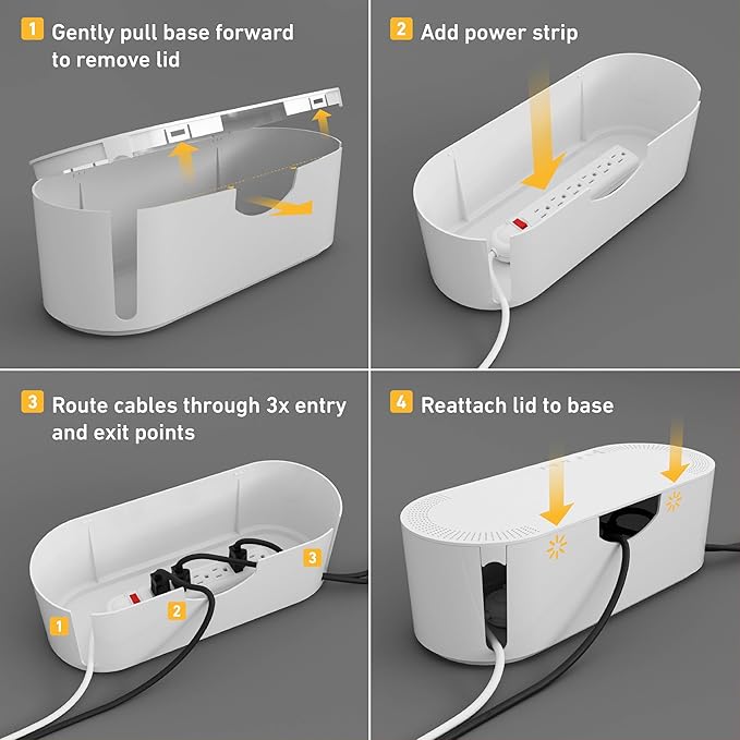 D-Line Cable Management Box, Power Strip Holder, Floor Outlet Hider, Desk Cord Organizer, Cover TV Wires, 12.75" (L) x 5" (W) x 4.5" (H), for use with Power Strips up to 10.5in Length - Small, White