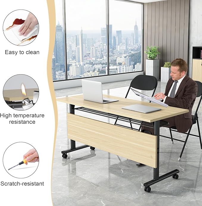 Conference Table,55.1''Folding Conference Room Table for 4-12 People,Mobile Flip Top MeetingTraining Table with Different Coulor and Styles for Offices, Classrooms,Meeting Room (12, 61''G)