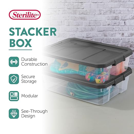 Sterilite 12-Pack Modular Stacker Box, Durable Clear Plastic Storage Bins with Latching Lids, 40 Quart - Stackable Organizing Container Boxes for Closet, Bathroom, and Office