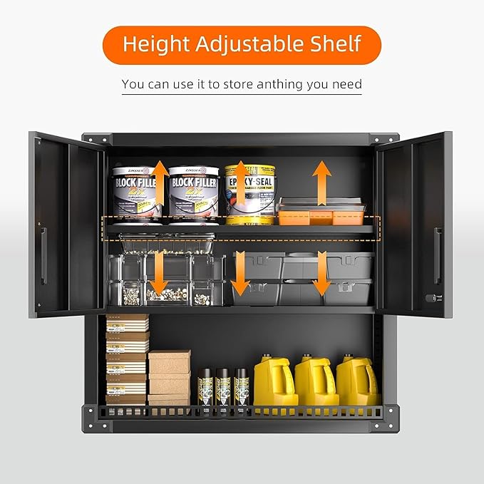 INTERGREAT Metal Wall Storage Cabinet with Locking Door and Adjustable Shelves, 31" Black Wall-Mounted Tool Cabinet for Garage,Warehouse,Office,Basement