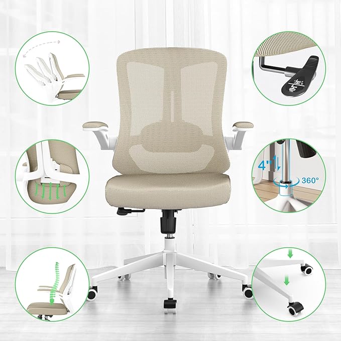 Mesh Office Computer Desk Managerial Executive Chair, Ergonomic High Back Comfy Swivel Gaming Home Chairs with Wheels, Comfortable Lumbar Support, Comfy Arms for Study,Home,Bedroom（Khaki）