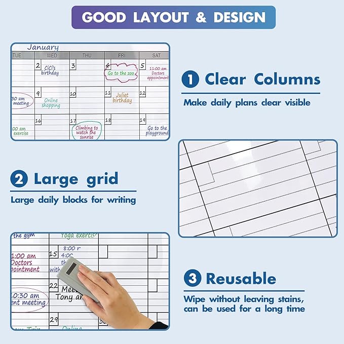 Dry Erase Four Month Laminated Jumbo Wall Calendar, 46" x 63", Huge Quarterly Laminated Erasable White Board, Giant 120 Day Family Whiteboard Schedule Planner, Large Multi Month Reusable Poster
