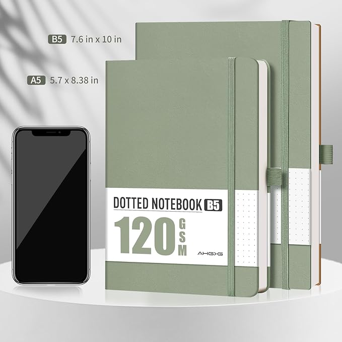 AHGXG Bullet Dotted Journal - Dot Grid Notebook Journal, 120 GSM Thick Acid-Free Paper, Large B5 Dotted Notebook 96 Pages, Leather Softcover, Inner Pocket, Journal Stencil, 7.6'' X 10'' - Sage Green