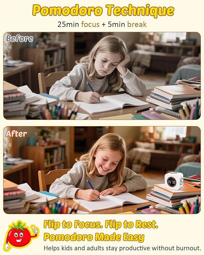 Digital Pomodoro Timer Cube 5/10/25/50min, Visual Productivity Flip Timer for Kids Classroom Desk, Custom Countdown, Silent and Sound Mode for ADHD Study Work Game Kitchen (White)