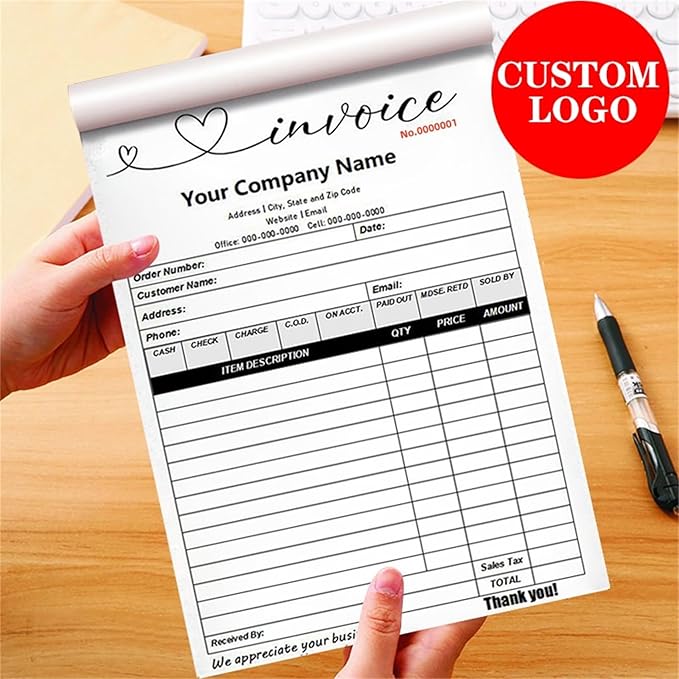 Custom Invoice Book in 3-Part /2-Part Receipt Book with Carbon Copies Personalized Carbonless Service Invoice Form Books Sales Order Book with Company Name Logo Address,F-Invoice Book