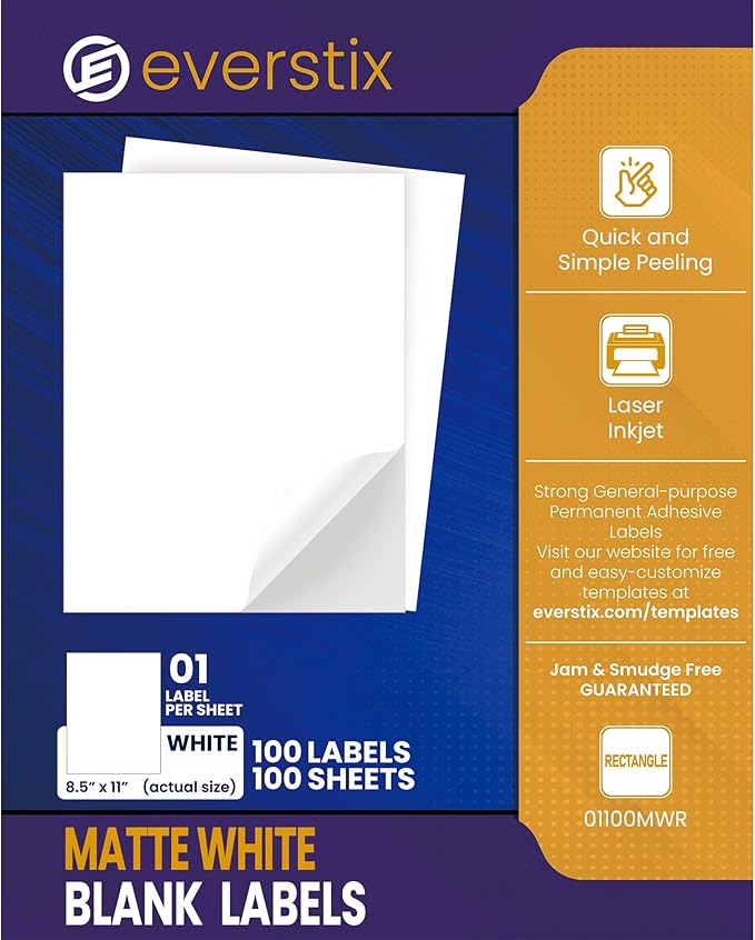 8.5" x 11", 100 Sheets, 100 Printable White Sticker Paper, Full Sheet Shipping Labels for Laser & Inkjet Printers, Letter Size