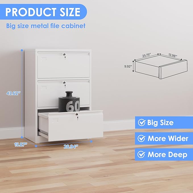 3 Drawer Lateral File Cabinet, Metal Wide Filing Cabinet with Independent Locks, Home Office Furniture for Hanging Files Letter/Legal/F4/A4 Size, Assembly Required, White