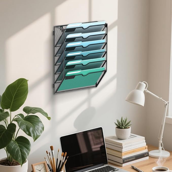 SUPEASY 6-Tier Wall File Organizer, Hanging Wall Files for Papers, Folders, Magazines, Wall Organizer for Clipboard, Assembly Needed, Black