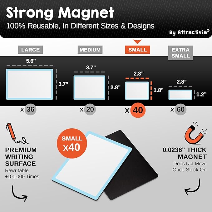 Dry Erase Magnetic Labels 2.8 x 1.8 in, Color Borders, Small Dry Erase Magnets, 40-Pack, White Erasable Write-On All-Purpose Labels, for Office, Education, Home, Whiteboard