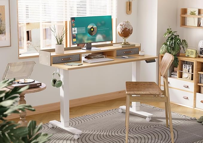 Claiks Standing Desk with Drawers, Stand Up Electric Standing Desk Adjustable Height, Sit Stand Desk with Storage Shelf and Splice Board, 55 Inch, Natural