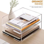 HeZone Enlarged Letter Paper Tray - Clear Acrylic Desk Organizers for Document Organization and File Storage - Stackable Office Accessories - 2 Pack (Large Tray V)