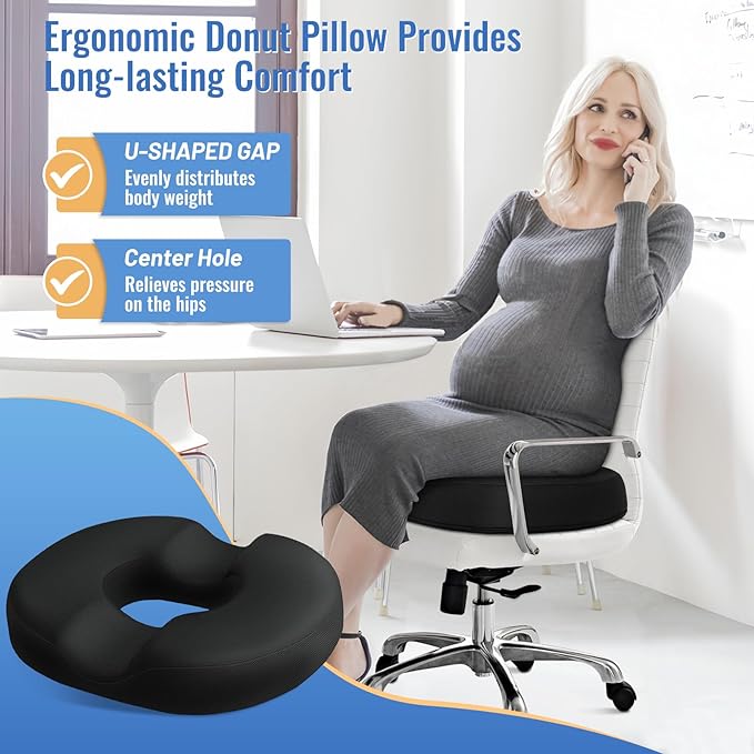 CloudBliss Donut Pillow Seat Cushion for Tailbone Pain Relief and Hemorrhoids, Memory Foam Chair Cushion, Seat Cushions for Men and Women for Home & Office, (Black-XL)