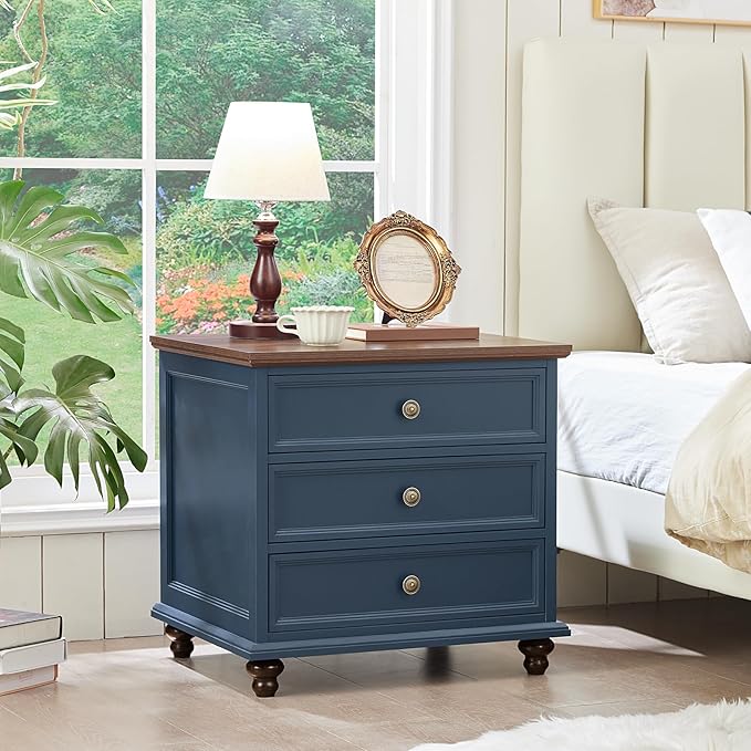 24" Wide Farmhouse Night Stand Set of 2,Large End Table with 3 Drawers & Metal Handle,Blue Wood Dresser for Bedroom Cabinet, Bed Side Table Chest of Drawers,Nightstand for Living Room,Closet