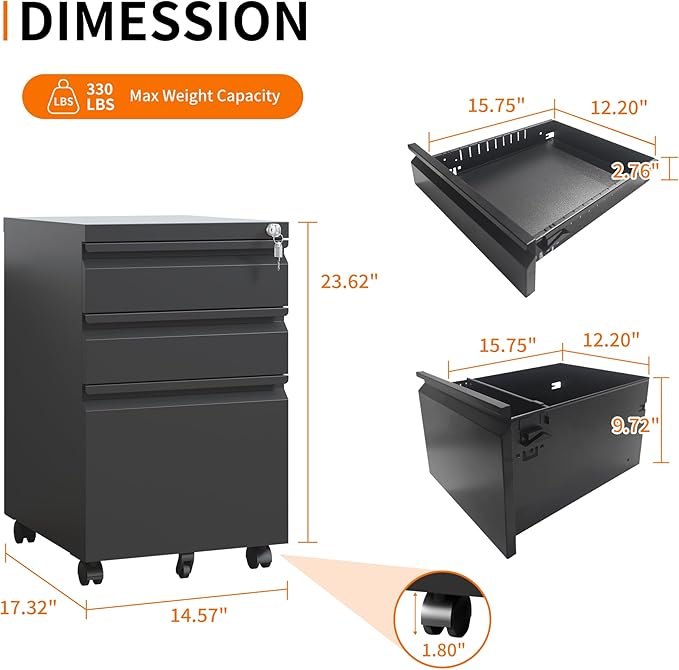 3 Drawer Mobile File Cabinet, Filing Cabinet Home Office for Letter, Legal Size, Fully Assembled Under Desk File Cabinet, Black