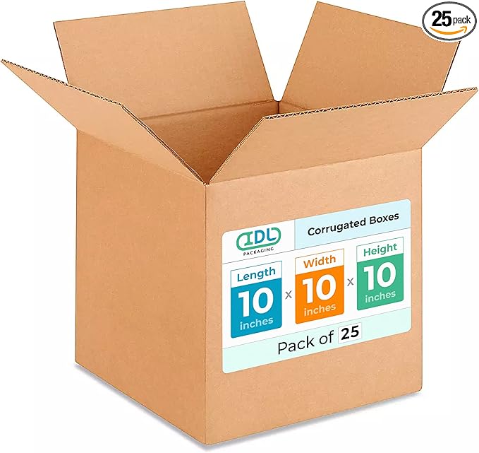 Medium Cube Moving & Shipping Boxes 10"L x 10"W x 10"H (25-Pack) - Extra Strength 200 lb vs Regular - Corrugated Strong Cardboard Boxes - Medium Moving Box - Heavy Duty Box by IDL Packaging