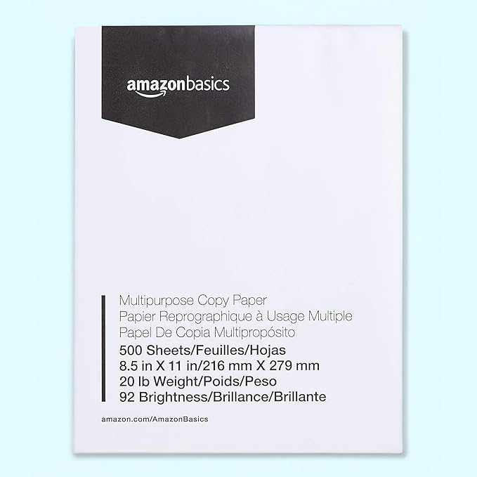 Amazon Basics Multipurpose Copy Printer Paper, 8.5 x 11 Inches, 20 lb, 1 Ream, (500 Sheets), 92 Bright, White
