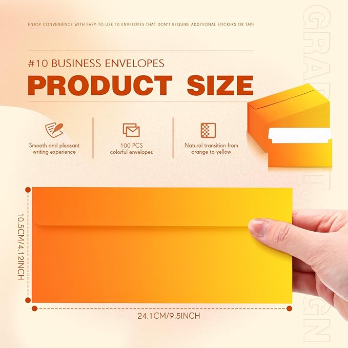 100 Pcs #10 Business Envelopes Colorful Self Adhesive Standard Envelopes Gradient for Office Check Invoices Letters Letterhead Invitations Announcements 4-1/8 x 9-1/2''(Gradient Orange)