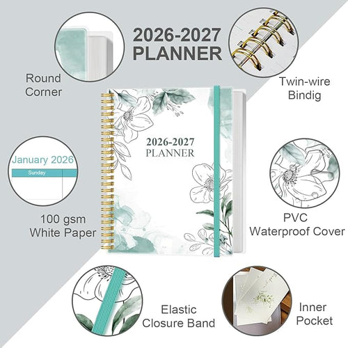 2026-2027 Planner - 18 Months Weekly & Monthly Planner from January 2026 - June 2027, Spiral Planners 2026-2027 with Elastic Closure, Inner Pocket, Medium 8.5" x 11", Teal Floral