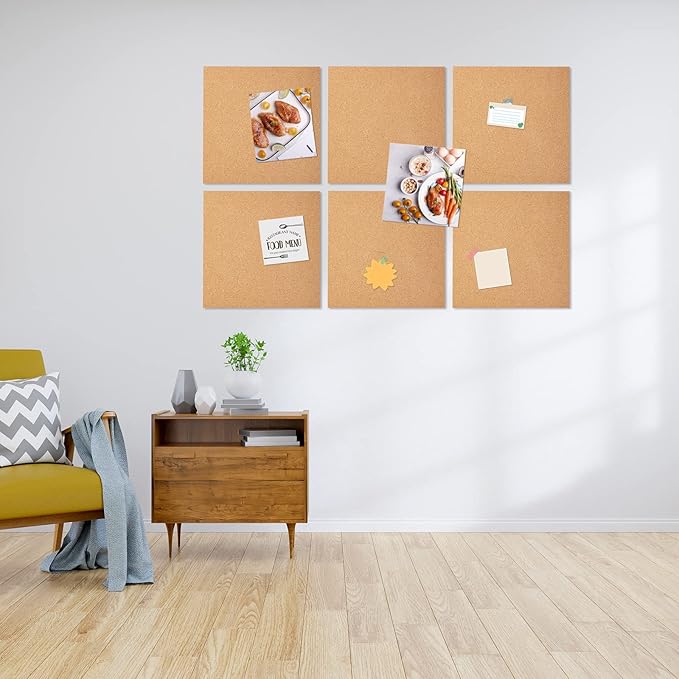 12 Pack Cork Bulletin Board 12 x 12 Inch - 1/2" Thick Cork Board Tiles,Self-Adhesive Frameless Cork Tiles Wall Decor with 100 PCS Pushpins for DIY, Office, School and Home Decor