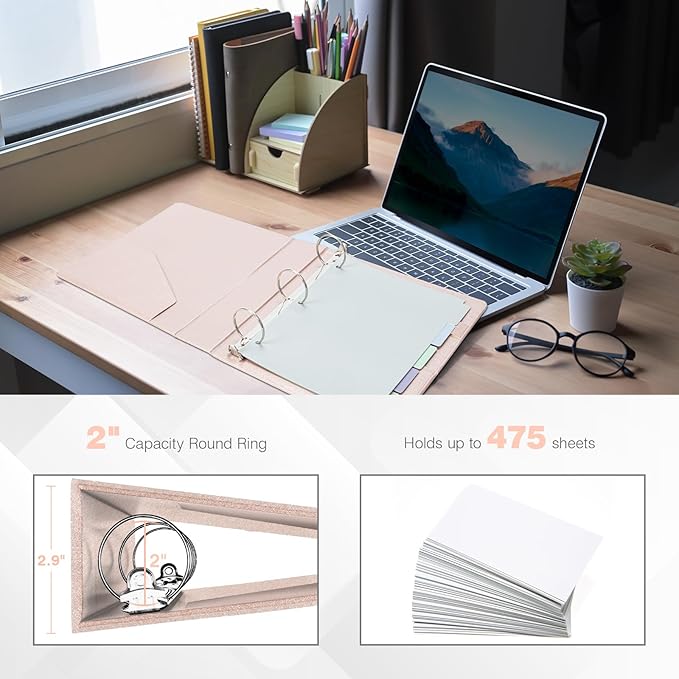 Ospelelf Vintage Hardcover 3 Ring 2 inch Leather Binder, Professional Binders Organizer Suitable for Letter Size Documents, Binder Dividers with Tabs, Rose Gold