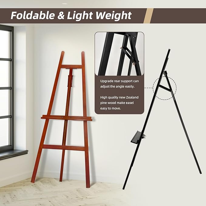 Stuelloaf Large A-Frame Wooden Painting Display Walnut Easel, Large Adjustable Pine Wood Standing Easel Holding Canvas Up to 60'', Solid Wood for Display, Wedding Sign or Painting-Walnut