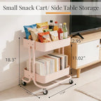 LIWNYRK 2 Tier Rolling Cart with Wheels for Under Desk Storage, Pink Small Rolling Pantry Storage Cart for Small Space, Metal Short Utility Shelf for Vanity Kitchen Bathrrom Laundry Organization