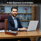 Wooden Business Card Holder, 4-Compartment Card Storage Box, Business Card Organizer, Desktop Divided Index Card Box for Office, Home, 11.1×4.4×3"