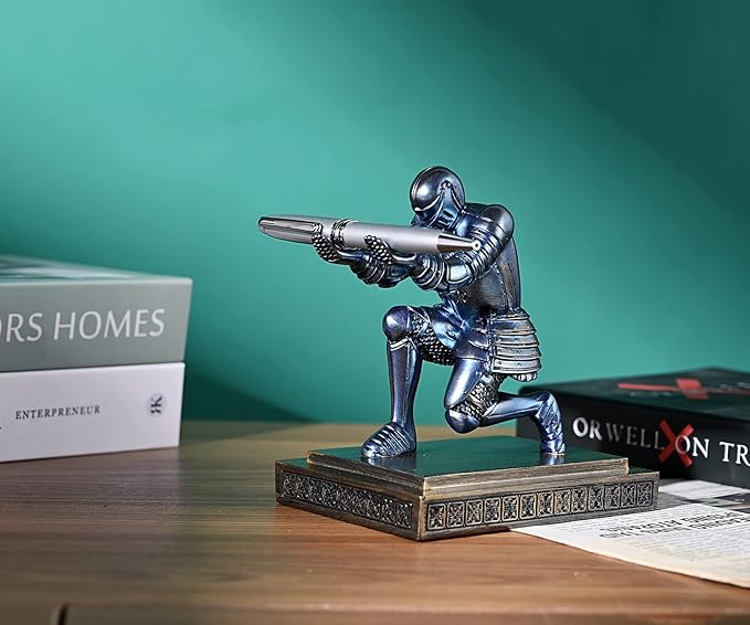 Knight Pen Holder Pen Stand Desk Organizers and Accessories Resin Pencil Holder as Gift with a Fancy Pen for Office and Home Desk Organizer (Blue)