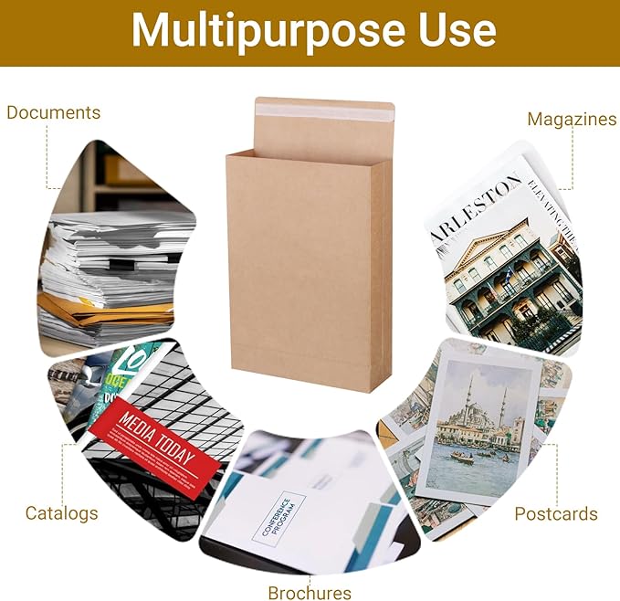 25 Pack 9.4" x 13.2" Large Kraft Expandable Catalog Envelopes, Self Seal Manilla Envelopes Mailing for Documents, Magazines, Photos (Extra labels for Use)