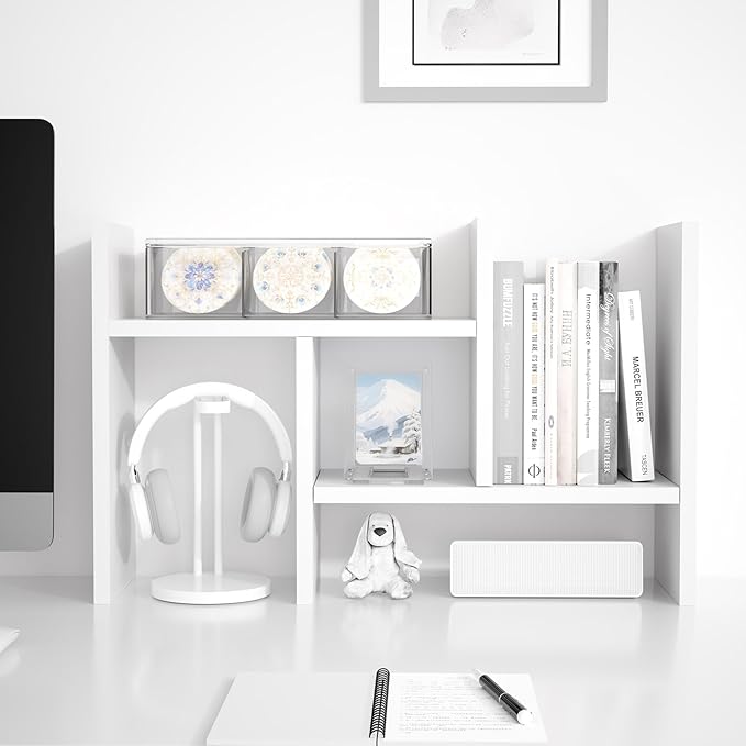 Jerry & Maggie Desktop Organizer Office Storage Rack Adjustable Wood Display Shelf Free Style Double H, Multi-Functional Mini Bookshelf for Desk Natural Stand (White)
