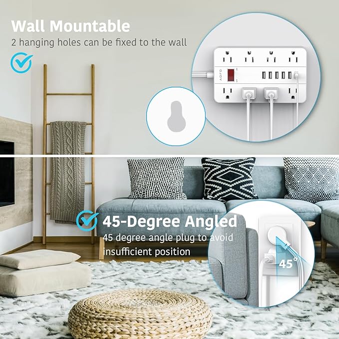 10ft Extension Cord Long Power Strip,AOFO 8 Widely-Spaced Outlets & 6 USB Ports Flat Plug Power Strip,Power Cord for Wall Mountable and Desktop White