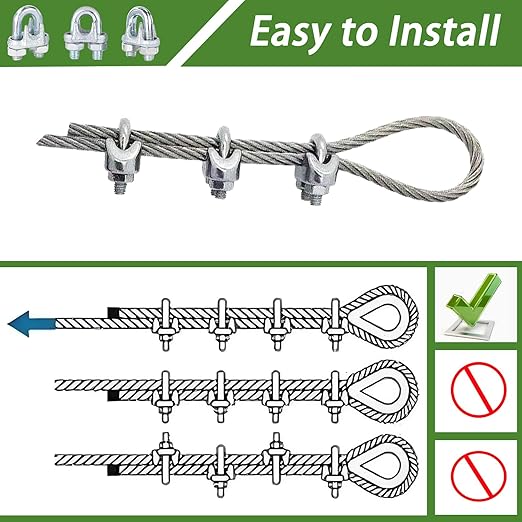 30PCS 1/4" Galvanized Zinc-Plated Wire Rope Cable Clamp Clips, M6 Wire Cable Clampswith U-Bolt Saddle Fasteners for Secure Rigging & Marine Use