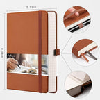 EMSHOI Lined Journal Notebook, 120 gsm Leather Hardcover with Sticky Notes & 256 Numbered A5 Pages – College Ruled Notebook for Writing, Work, School, Men, Women | 5.75”x8.38” – Brown