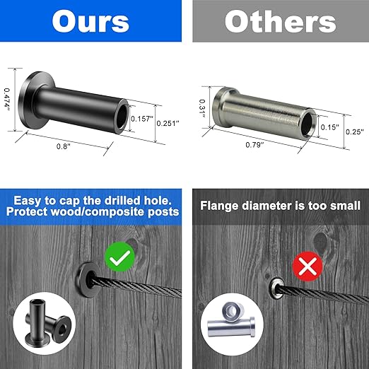BLIKA 120 Pack Black Stainless Steel Protector Sleeves for 1/8" Deck Cable Railing, for Wood/Composite Posts, T316 Marine Grade, Black Cable Railing Protector Sleeves