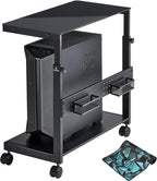 EUREKA ERGONOMIC PC Stand Computer Cart Frosted Glass, Height Adjustable Tower Stand 2-Tier Suit for ATX Case Printer, Metal Rolling Cart on Wheels for Gaming Home Office, Black