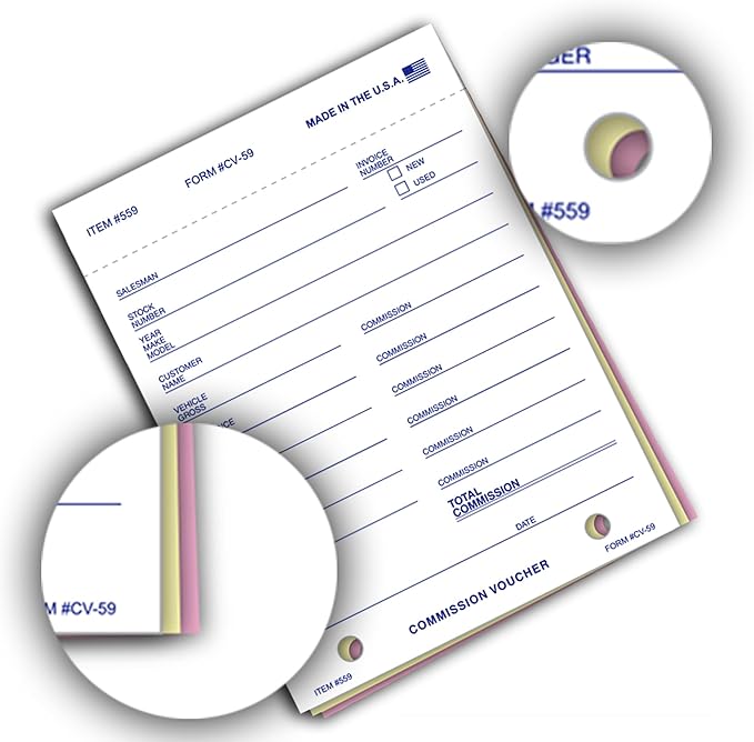 Commission Voucher Book CV-59-3 Part Carbonless Forms, Triplicate NCR Receipt Book, Snap-Out Pre-Punched with File Holes Commission Vouchers, Blue Ink, 4.25 x 5.625 Inch - Pack of 100