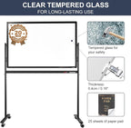 Mobile Clear Glass Whiteboard on Wheels - TANKEE 48" x 32" Dry Erase Board with Stand, Large Rolling White Board with 25 Sheets Paper Pad, Transparent Tempered Glass Board for Office Home School