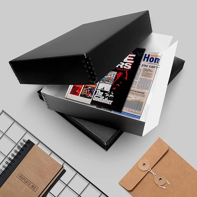 Lineco Museum Archival Storage Box, 11.75x15.25x3 in. Drop Front Design. Acid-Free with Metal Edge. Organize Photos, Pictures, Prints, Documents, Crafts, DIY. Black, 8 Pack