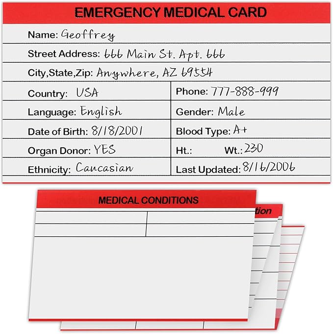 24 Pack Red Emergency Medical ID Wallet - Pocket Size, Medication List, Caretaker Cards