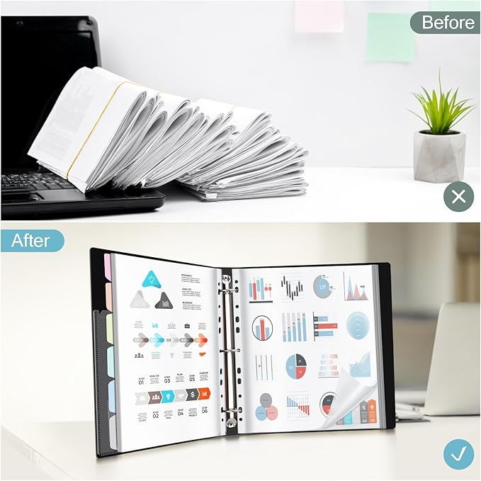 Uquelic 50-Pocket Binder with Plastic Sleeves for Letter/A4 Size(11" x 8.5"), Silver Leaf Printed Cover, Document Binder Organizer for Papers, Certificates and Artwork with Macaron PP Divider Pages