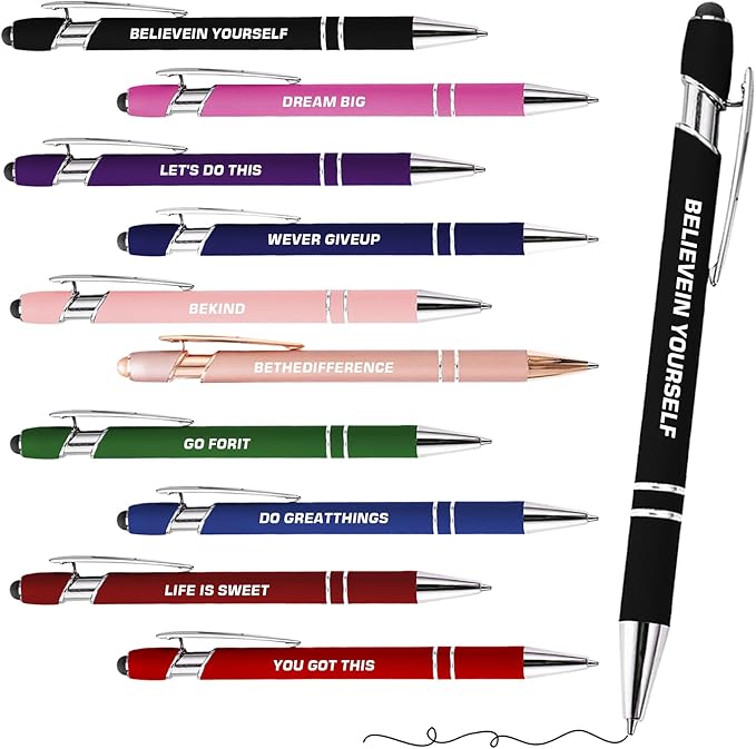 CRME 10pcs Inspirational Blue Pens Ballpoint Set Multi Tool Pens with Stylus Tips Compatible with Any Touchscreen Device Funny Desk Decor Encouragement Gifts for Birthday Party