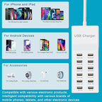 USB Charging Station with 12 Port Power Strip Fast Charging hub for Multiple Devices Compatible with Cell Phones Tablets Laptops (12 USB Ports)