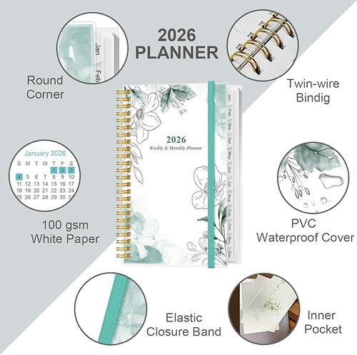 2026 Pocket Planner/Calendar - 2026 Planner from January 2026 - December 2026, Planner 2026 with 12 Tabs, Twin-Wire Binding, Inner Pocket, 3.75" x 6.75, Teal Flowers
