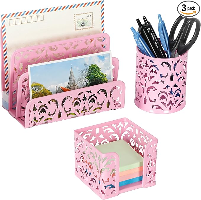 EasyPAG Desk Organizers and Accessories 3 Pieces Office Organizer Set - Pen Holder for Desk, Mail Sorter Countertop and Sticky Note Holder, Pink