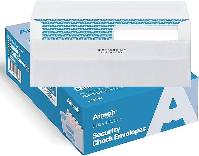Aimoh #8 Double Window Flip & Seal Security Check Envelopes 500 Qty, Fits Business QuickBooks Checks Perfectly - Not for Invoices, Size 3 ⅝ x 8 ¹¹⁄₁₆ Inches (30108)