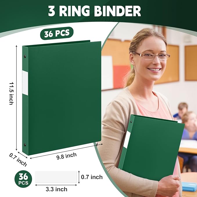Henoyso 36 Pcs 3 Ring Binder 0.5 Inch Round Fits Letter Size 8.5'' x 11'' Paper Plastic Flexible Binder Bulk Holds 140 Sheets with 1 Pockets Versatile Organizer for Home Office School (Dark Green)
