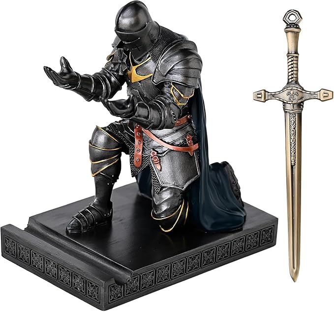 Amoysanli Medieval Armored Warrior Wearing Outerwear, Mobile Phone Stand Knight Pen Holder Desk Organizers, Resin Bookends Paperweight with a Letter Opener for Desk (Iron&Green)