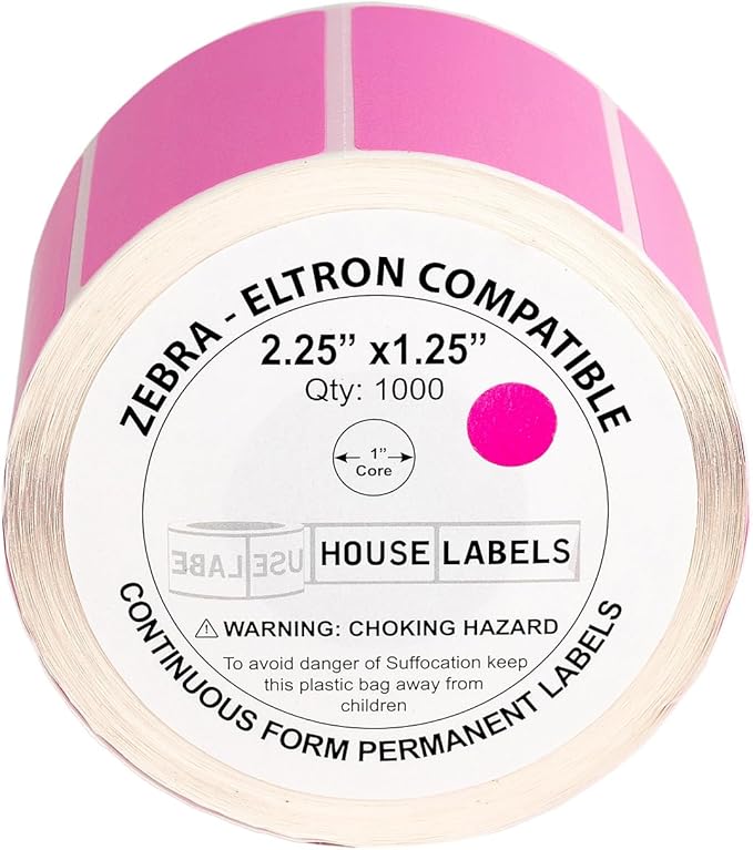 HOUSELABELS 2.25" x 1.25" Pink Address Labels on 1" Core Compatible with Zebra and Rollo Printers, 1 Roll / 1,000 Labels per Roll