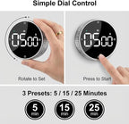 Rechargeable Magnetic Kitchen Timer,LED Countdown/Up Timer, Supports USB-C Charging,with Loud Alarm,3 Preset Quick Times(5/15/25m),Perfect for Kitchen Cooking, Studying, and Fitness (Silver)
