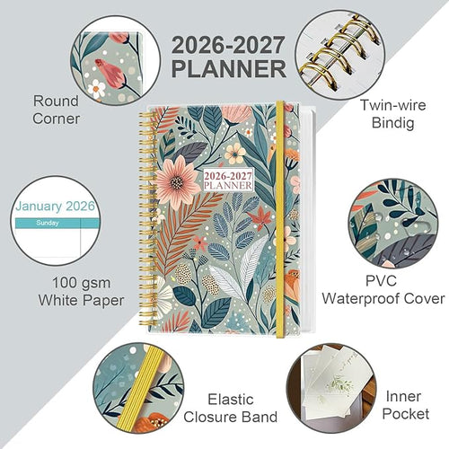 2026-2027 Planner - 18 Months Weekly & Monthly Planner from January 2026 - June 2027, Spiral Notebook 2026-2027 with Elastic Closure, Inner Pocket, Medium 5.8" x 8.3", Flower-A